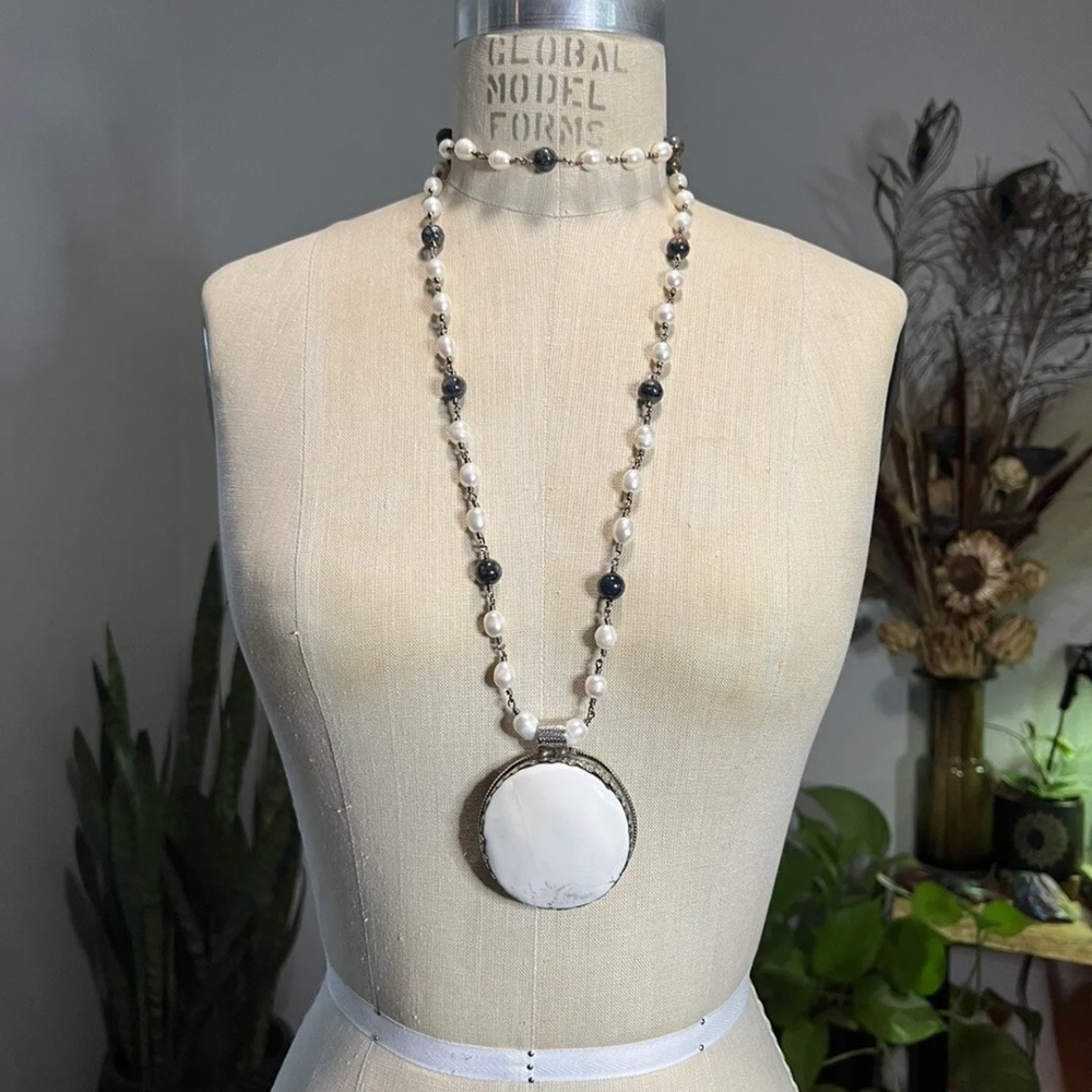 BOHO Tibetan Shell Moon Pendant Pearls Wire Wrapped Artisan Handmade Necklace